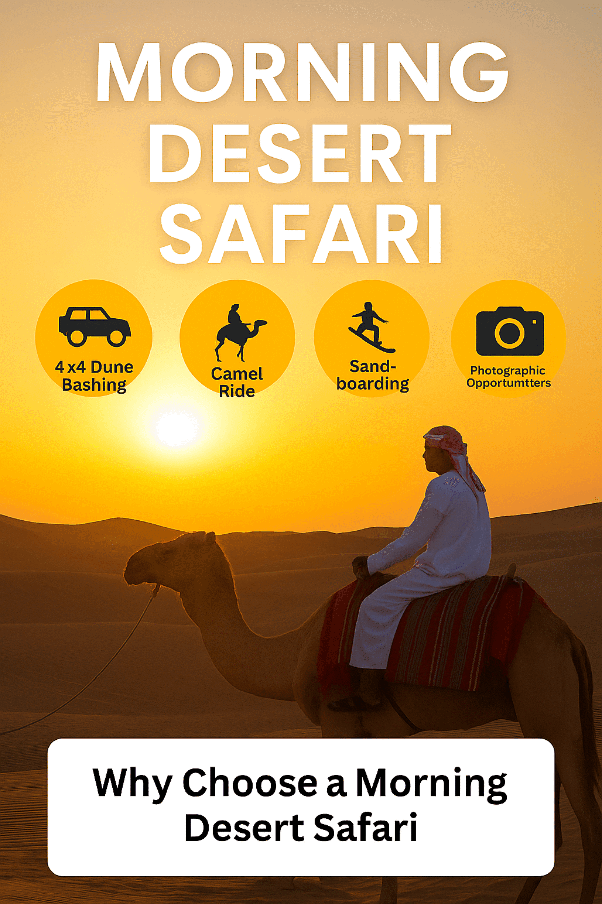 Traditional Arabian man riding a camel across golden sand dunes at sunrise during a morning desert safari in Dubai, with icons representing dune bashing, camel rides, sandboarding, and photography activities.