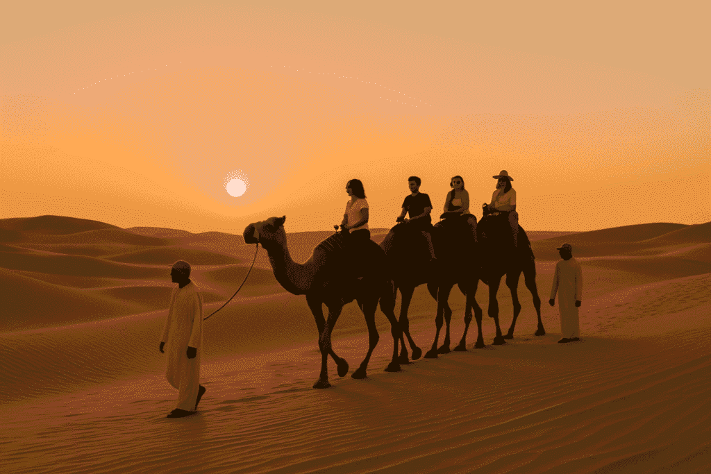 Tourists riding camels during a sunset desert safari in Dubai
