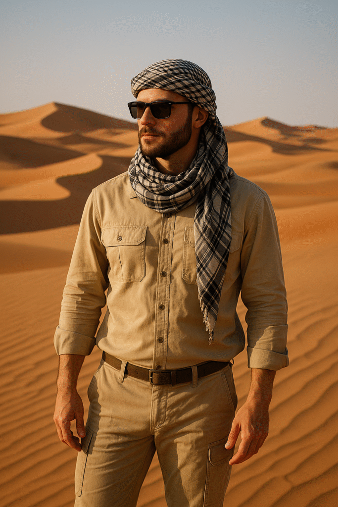 Man wearing a traditional desert safari Dubai outfit with sunglasses and a keffiyeh, standing in the sand dunes with the desert landscape in the background.