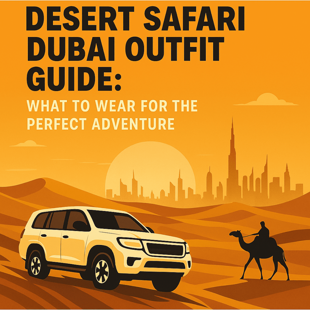 Illustration of a desert landscape with an SUV and a camel rider at sunset, featuring Dubai's skyline in the background, designed as a promotional graphic for a guide on desert safari Dubai outfit tips.
