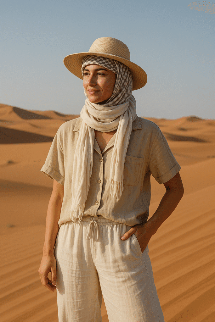 A woman stands in the Dubai desert wearing a beige cotton outfit, light scarf, and a straw hat layered over a checkered keffiyeh. She’s dressed for a summer desert safari, surrounded by golden sand dunes under a clear blue sky.