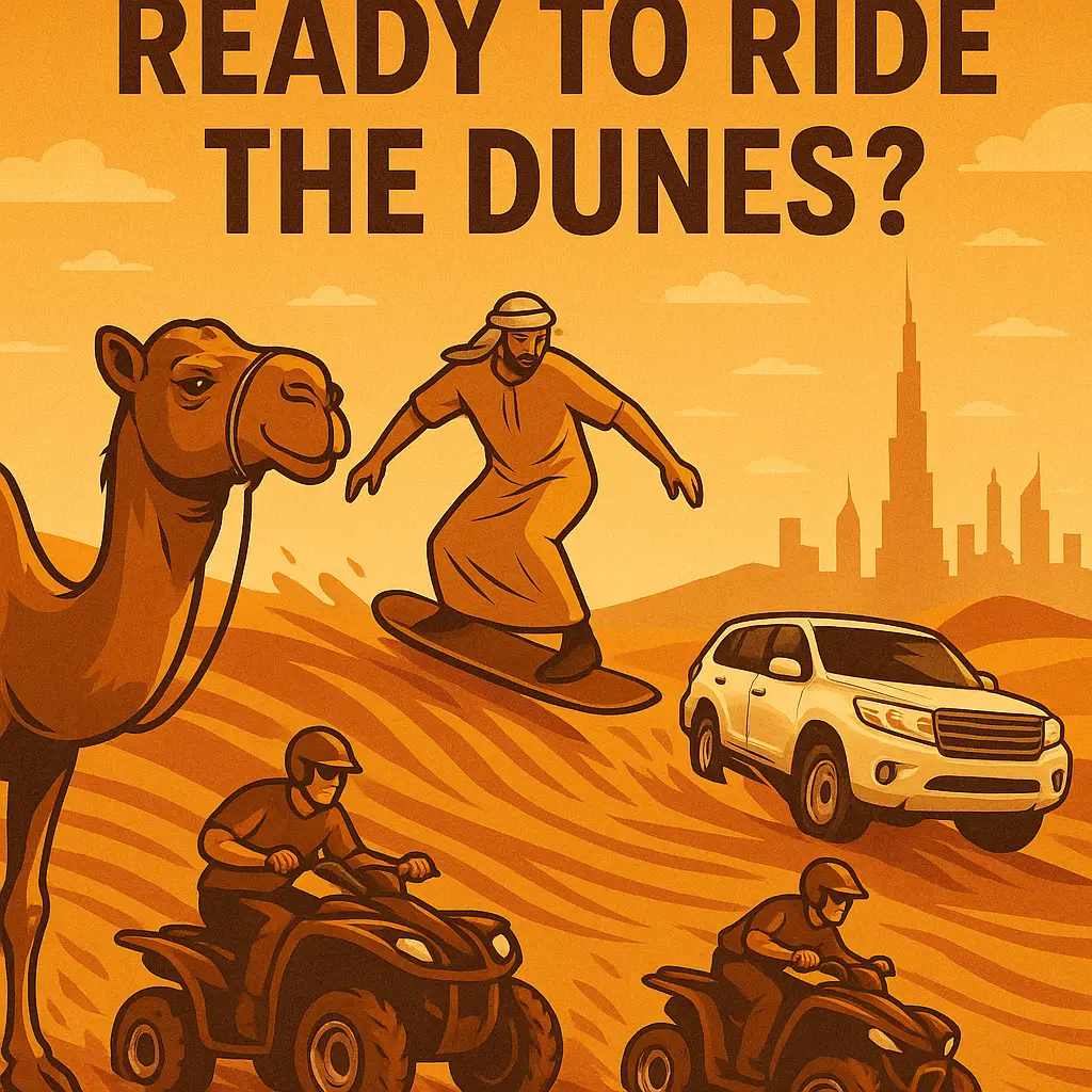 Exciting desert safari in Dubai featuring sandboarding, quad biking, camel ride, and 4x4 adventure with Dubai skyline backdrop under golden sunset