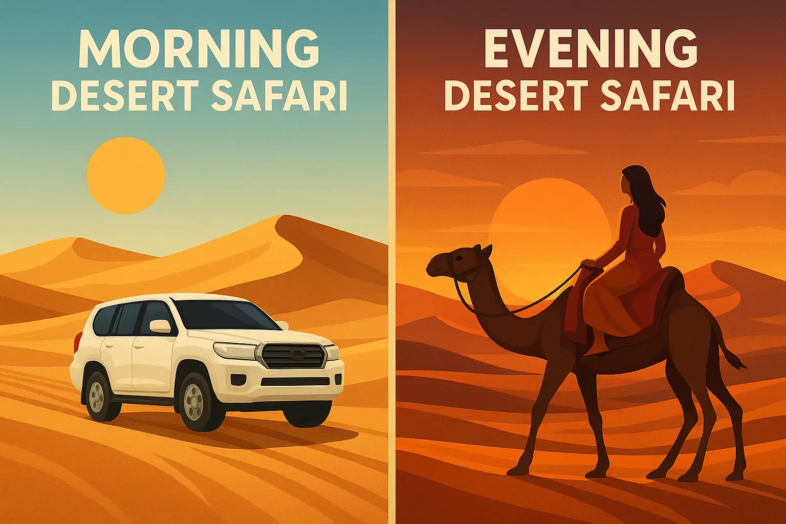Split illustration of morning vs evening desert safari in Dubai showing 4x4 ride under bright sun and camel ride during sunset with scenic desert backdrop
