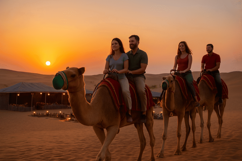 Guests enjoying budget-friendly overnight desert safari Dubai with camel rides at sunset