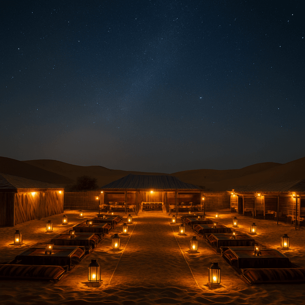 Overnight desert safari Dubai photos – Scenic view of Dubai desert camp with glowing lanterns during an overnight safari